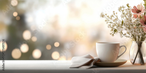 A delicate cup of warm tea sits on a sunlit table accompanied by a vase filled with dainty flowers, creating a serene morning ambiance and peaceful setting. photo