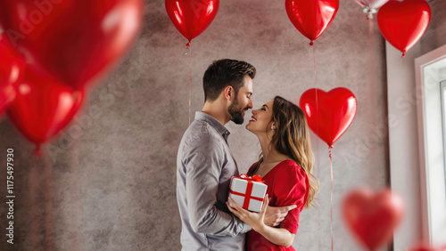 A romantic couple embracing with a gift and heart-shaped balloons, celebrating Valentine's Day with love