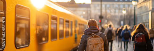 A dynamic urban scene of commuters navigating a bustling city street with a vibrant yellow train in the background, encapsulating the rhythms of metropolitan life. photo