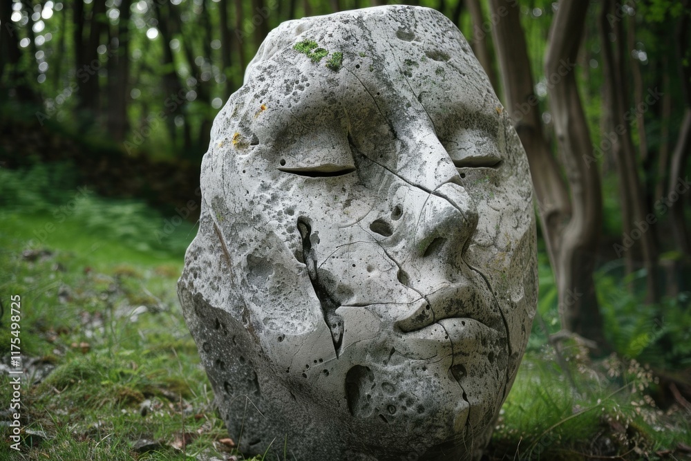 Serene stone face sculpture rests peacefully in a vibrant green forest, evoking tranquility and contemplation Serene stone face sculpture rests peacefully in a vibrant green forest, evoking tranquility and contemplation