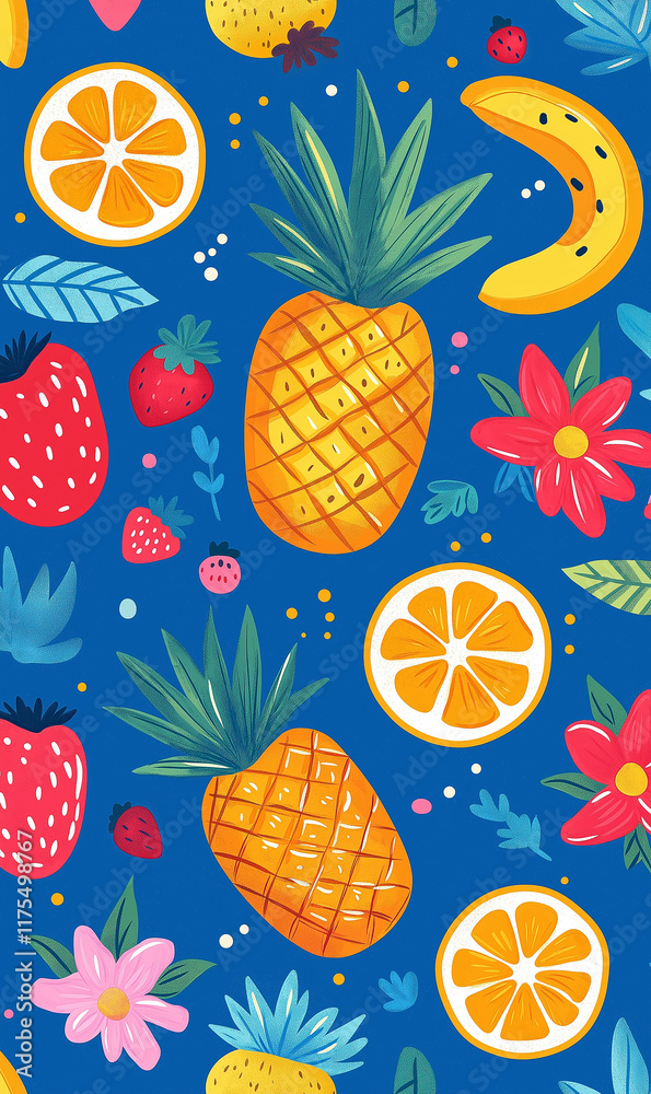 Colorful fruit pattern, hand-drawn style, fresh and natural, summer vibe, healthy lifestyle Colorful fruit pattern, hand-drawn style, fresh and natural, summer vibe, healthy lifestyle