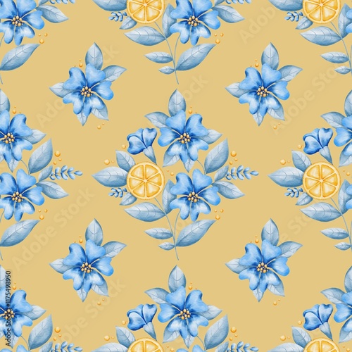 Wallpaper Mural Seamless pattern with watercolor slices of lemon, blue flowers and grey-blue leaves on a yellow background. Perfect for textile, fabric, wrapping, home decorating, packaging of food or beauty products Torontodigital.ca