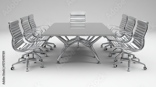 Sleek chrome conference table and chairs. Ideal for modern office spaces or futuristic settings. Suggests a high-tech and minimalist aesthetic. photo