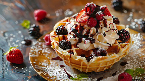 Closeup of dessert in waffle bowl on a earthen table