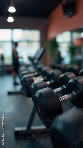 Gym dumbbell blur background fitness center, workout personal weight training studio, health club with blurry sports exercise equipment for bodybuilding and power strength class. Vertical photo