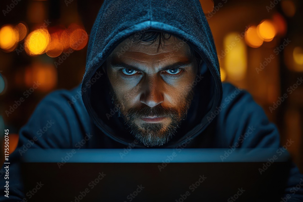 hacker in a black hoodie intensely focused on his laptop illuminated by the screens light creating a sense of mystery and intrigue in a dimly lit environment hacker in a black hoodie intensely focused on his laptop illuminated by the screens light creating a sense of mystery and intrigue in a dimly lit environment