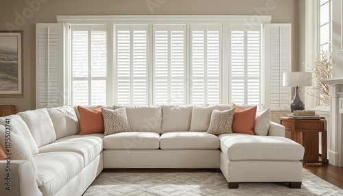 Modern Sectional Sofa with White Plantation Shutters Living Room Interior Design