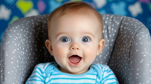 Joyful baby smiling in high chair with polka dot background photo