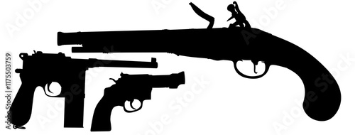 Collection of vintage and modern gun silhouette icons in black style isolated on white background. Symbol stock vector illustration.