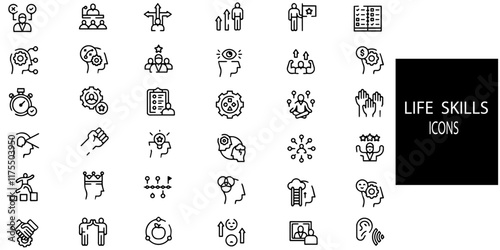 Life skills simple concept 36 icons set. Contains such positive behavior, challenges life, psychosocial, individual. Vector illustration.