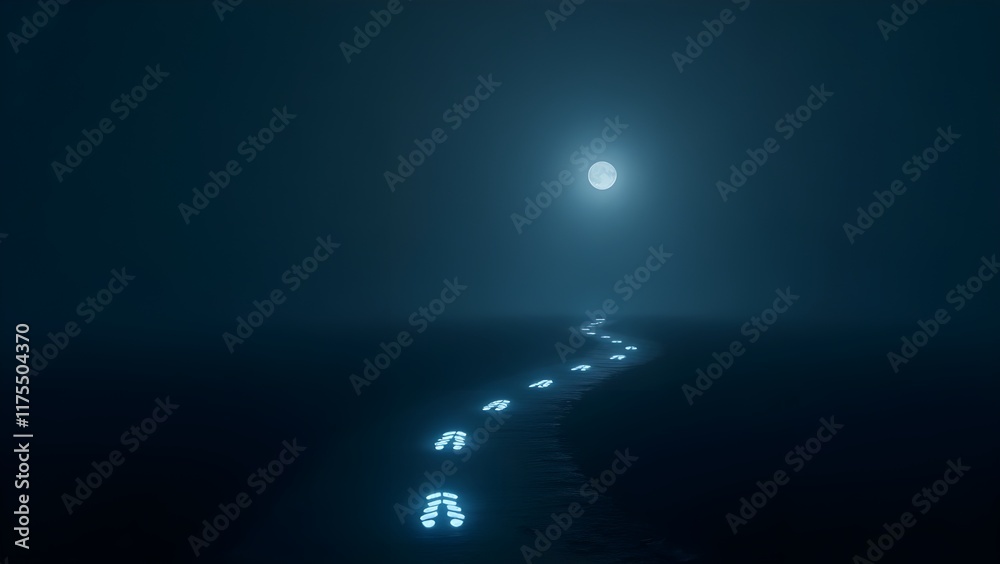 Obraz premium A minimalist depiction of a journey with glowing footprints on a dark path