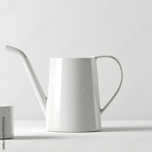 A sleek, contemporary white watering can standing upright on a solid surface, highlighting minimalist design elements suitable for modern decorative purposes. photo