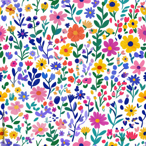 seamless background with flowers，Colorful small flower pattern, hand-drawn style, white background, artistic design, natural beauty