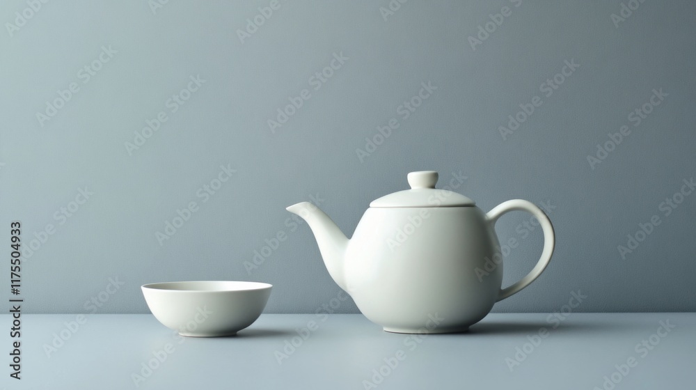 Elegant White Teapot and Bowl on a Gray Background Elegant White Teapot and Bowl on a Gray Background