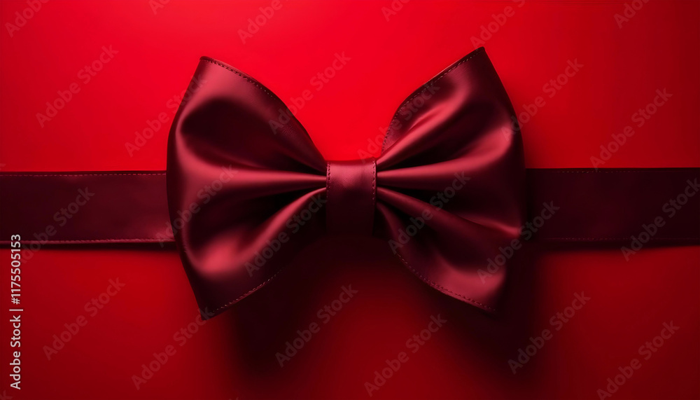 red satin bow closeup with ribbon on luxury gift wrapping background