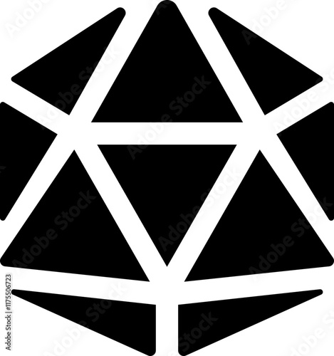 flat black dice D20 icon, monochrome vector gaming symbol, solid graphic design for tabletop RPG and board game