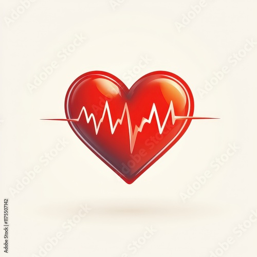 Glossy Red Heart with ECG Line on Cream Background.