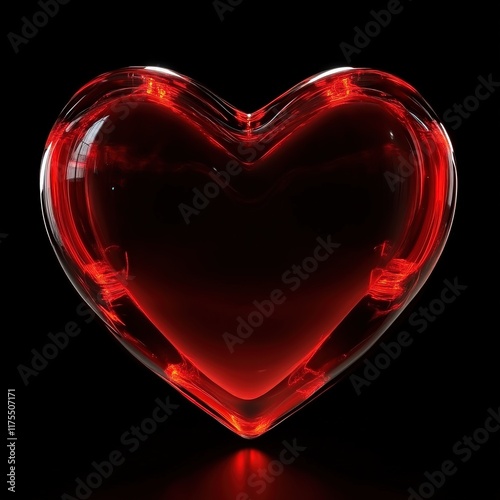 Glowing Glass Red Heart on Black Background.