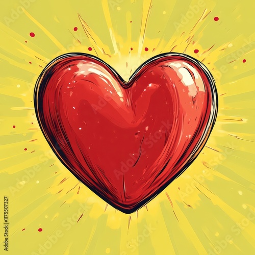 Radiant Red Heart with Sunburst Effect on Yellow.