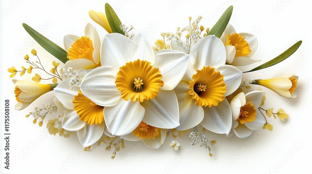 Obraz premium Delicate daffodil wreath with white petals and vibrant yellow centers for spring decoration