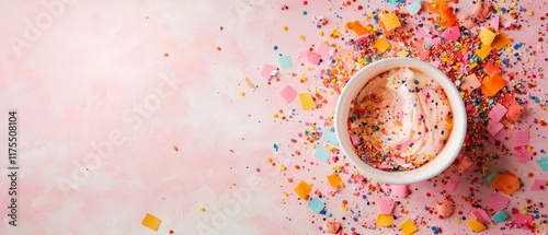 Pink Frosting with Rainbow Sprinkles in a Cup on Pink Background