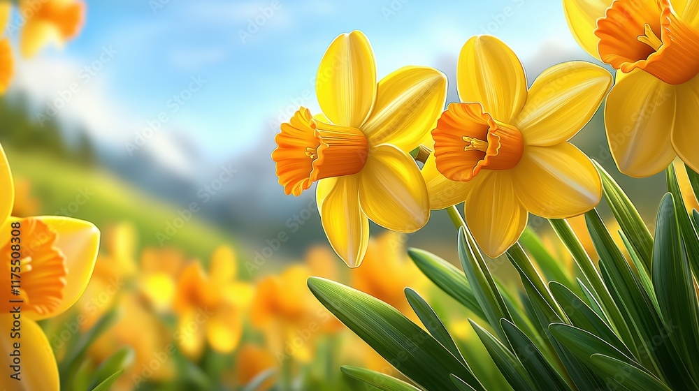 Obraz premium Blooming daffodils sway gently in the breeze on a sunny spring day in the countryside
