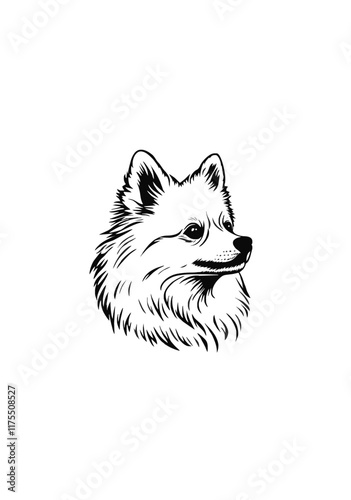 Fluffy Dog Head Portrait in Hand-Drawn Line Art Style, Detailed Vector Illustration of a Cute Canine with Elegant Fur