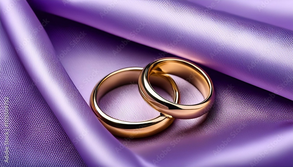 Two gold wedding rings nestled on a lavender silk sash, luxury Two gold wedding rings nestled on a lavender silk sash, luxury