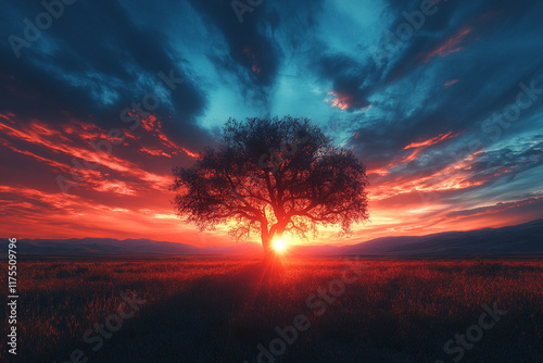 Lone Tree Silhouetted Against Vibrant Sunset Sky