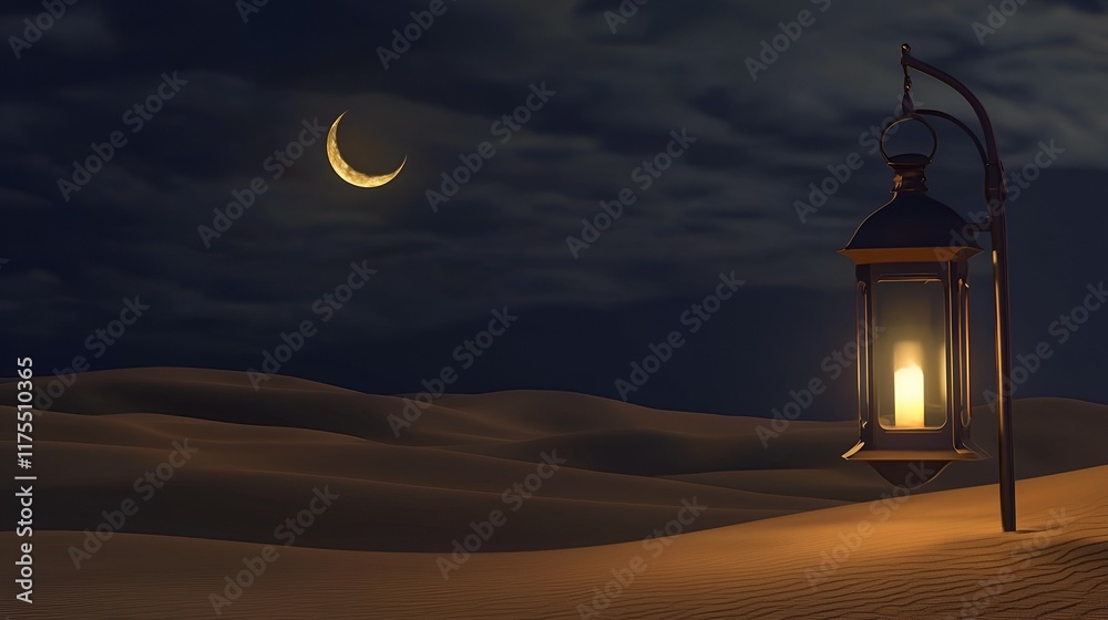 Fototapeta premium Desert Night: Illuminated Lantern, Crescent Moon, Serene Sands