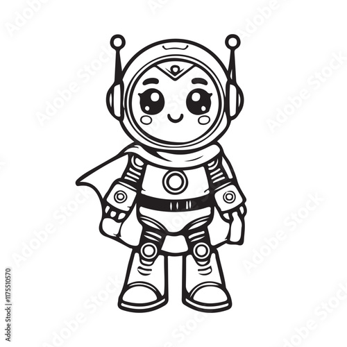Coloring book sketch design for children, with cute robot pictures. Single design, black outline