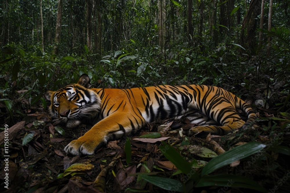 Fototapeta premium Sumatran Tiger Resting In Lush Rainforest Habitat