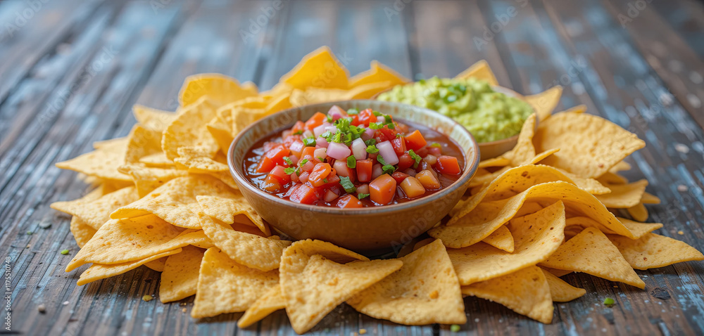 A generous portion of crispy tortilla chips surrounds two bowls, one filled with vibrant salsa and the other with smooth guacamole, set on a rustic wooden table A generous portion of crispy tortilla chips surrounds two bowls, one filled with vibrant salsa and the other with smooth guacamole, set on a rustic wooden table