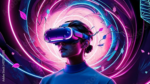 Person Using Virtual Reality Headset Immersed in a Futuristic Neon Environment with Dynamic Light Effects

 photo