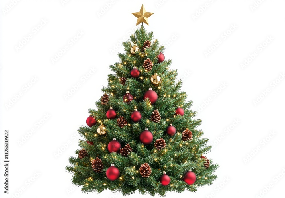 Decorated Christmas Tree with Red and Gold Ornaments against White Background Decorated Christmas Tree with Red and Gold Ornaments against White Background