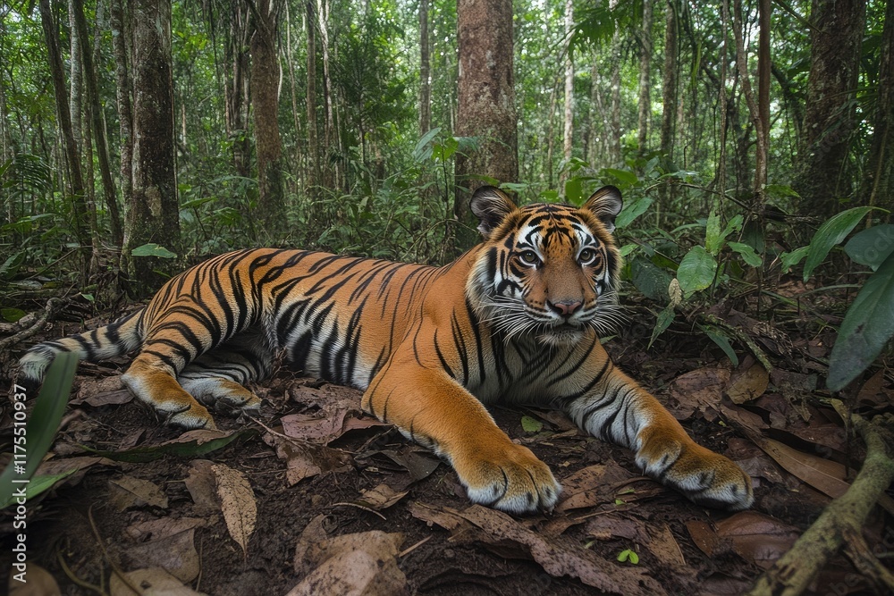 Obraz premium Young Sumatran Tiger Resting In Lush Rainforest