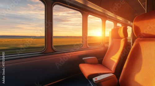 Serene Train Journey Through the Countryside at Sunset