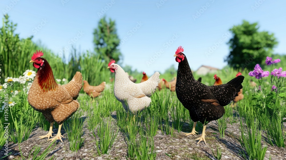 Fototapeta premium A vibrant scene featuring various chickens in a grassy field.