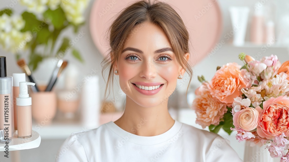 Woman with glowing skin smiles confidently in a bright, elegant beauty studio while holding a bouquet of flowers Woman with glowing skin smiles confidently in a bright, elegant beauty studio while holding a bouquet of flowers