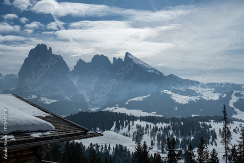 Cottage with winter mountain landscape photo