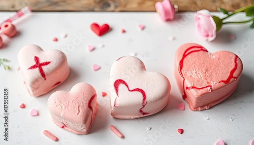 Pink heart-shaped ice cream treats on white surface photo