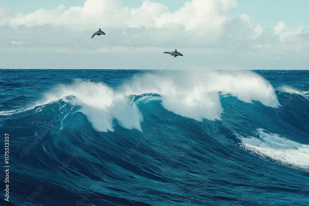 Naklejka premium Dolphins Leap Over Ocean Waves Under Cloudy Sky
