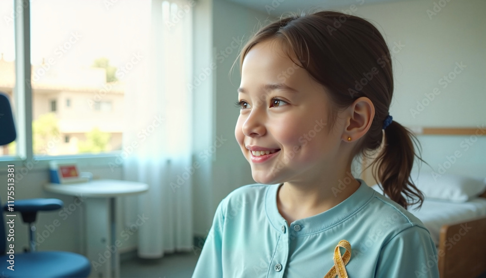 Smiling young girl in hospital room with yellow ribbon Smiling young girl in hospital room with yellow ribbon