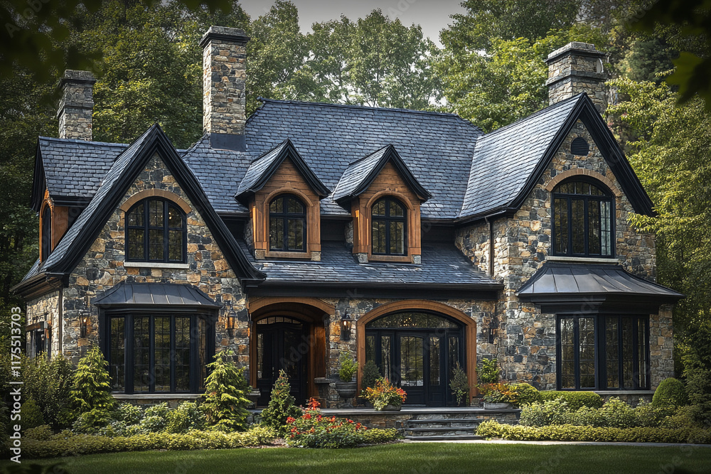 Naklejka premium Elegant Stone House Amidst Lush Greenery