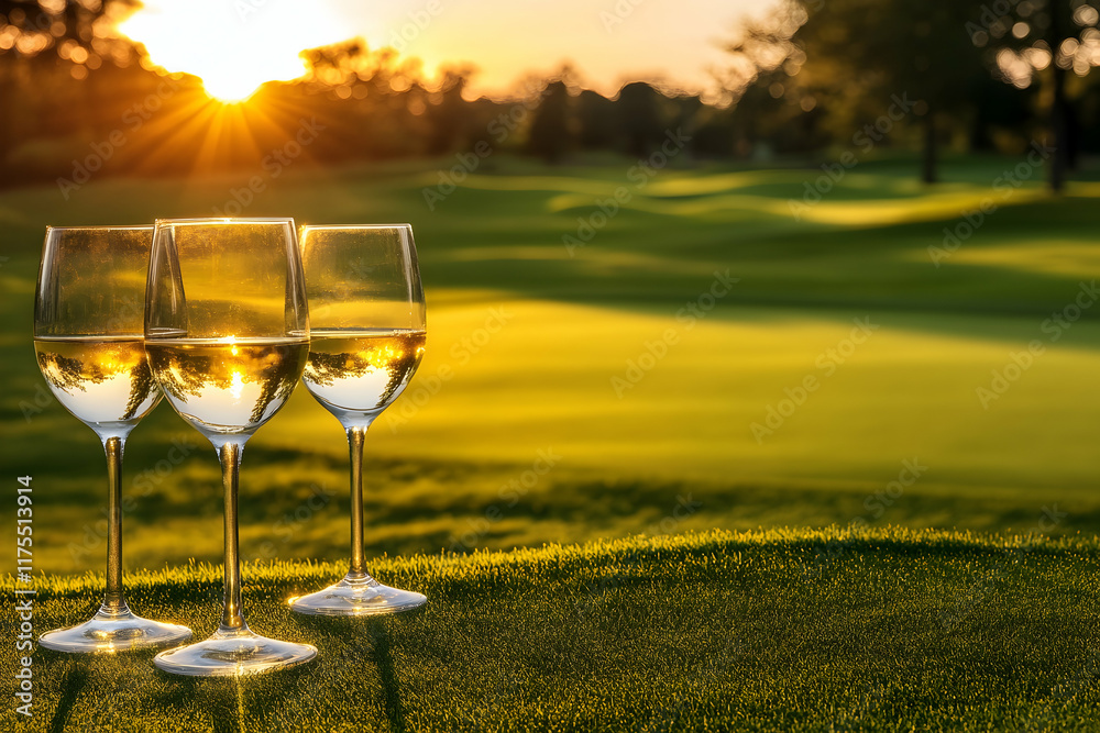Golf course at sunset with glasses of white wine and golden hues Golf course at sunset with glasses of white wine and golden hues