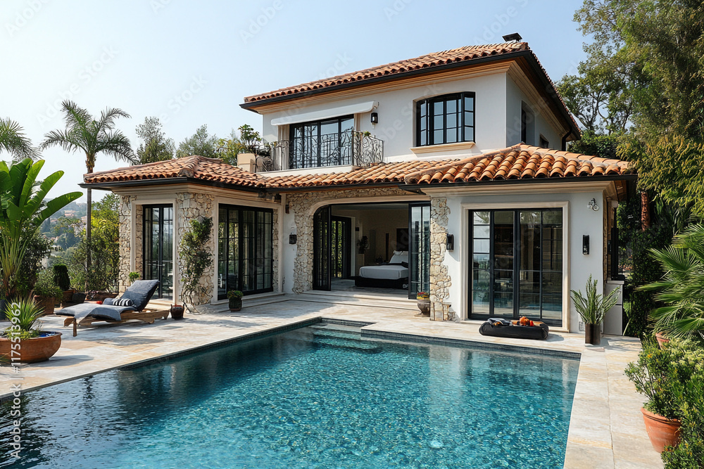 Fototapeta premium Mediterranean Style Home with Pool and Lush Landscaping