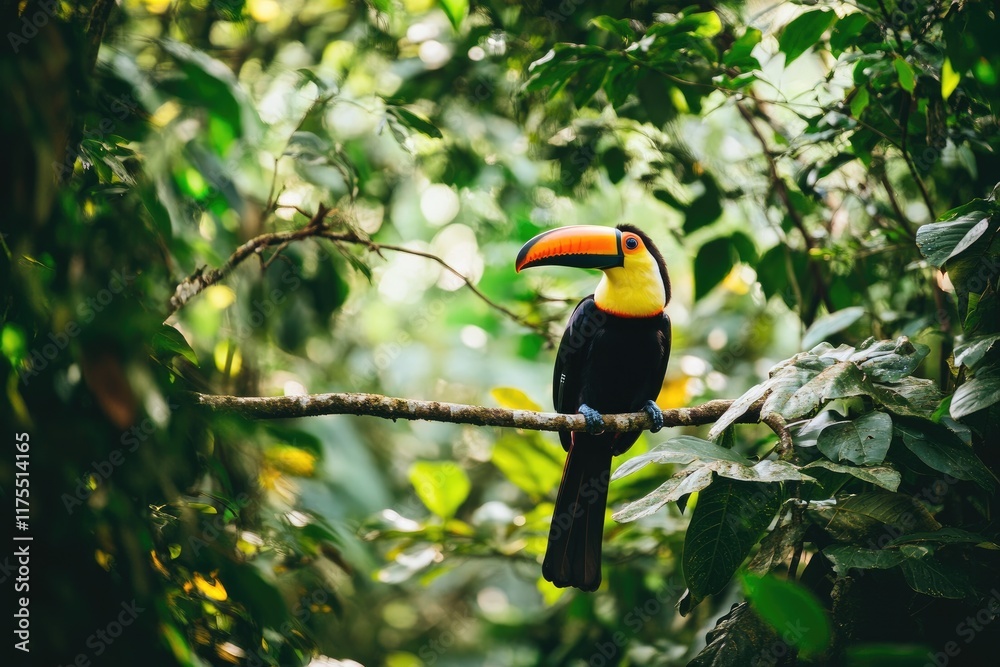 A Keel Billed Toucan Perched On A Branch In Lush Rainforest A Keel Billed Toucan Perched On A Branch In Lush Rainforest