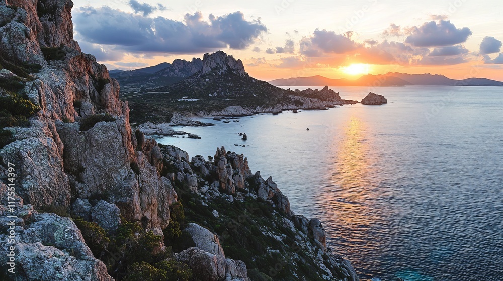 Serene Sunset Over the Mediterranean: A breathtaking view of the Mediterranean Sea at sunset, with rocky cliffs, lush vegetation, and a tranquil atmosphere.