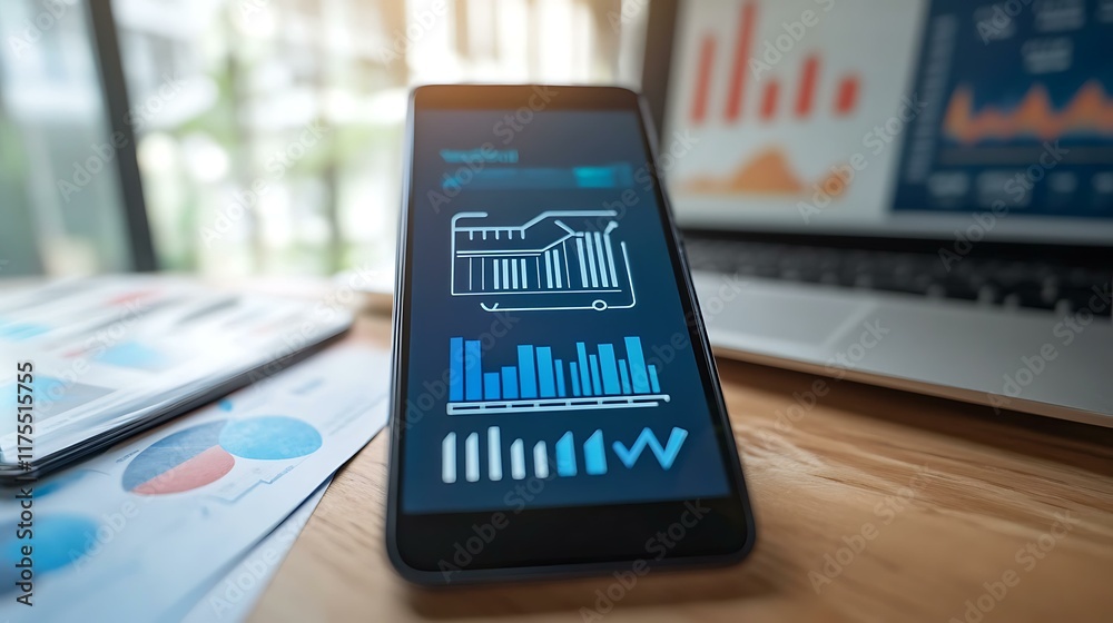 A mobile phone placed on a desk with a shopping cart icon on the screen and digital marketing analytics in the background A mobile phone placed on a desk with a shopping cart icon on the screen and digital marketing analytics in the background