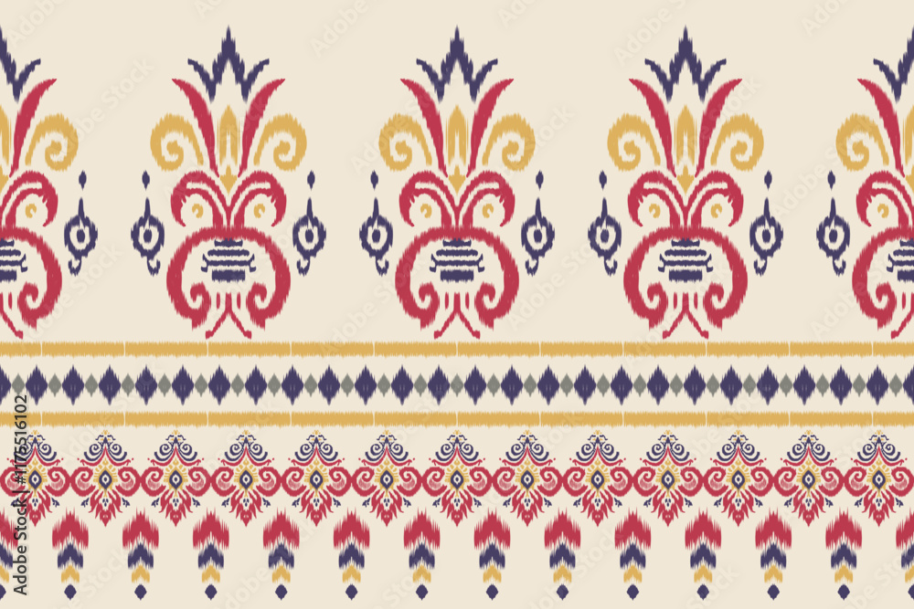Traditional sari and shawl with ikat floral embroidery, ethnic oriental design, seamless fabric pattern with abstract textures for clothing, wrapping, and decoration. Traditional sari and shawl with ikat floral embroidery, ethnic oriental design, seamless fabric pattern with abstract textures for clothing, wrapping, and decoration.